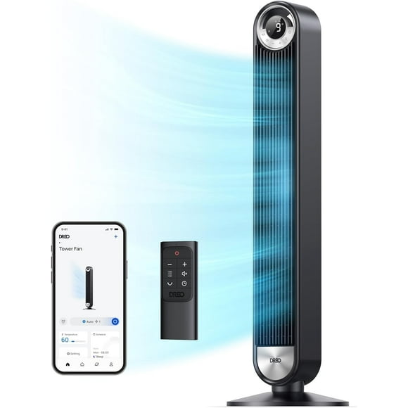 Dreo Ventiladores de torre inteligentes para el hogar, ventilador oscilante de 90° para dormitorio en interiores, piso con control de voz con temporizador de 12 horas, pantalla LED silenciosa sin aspa