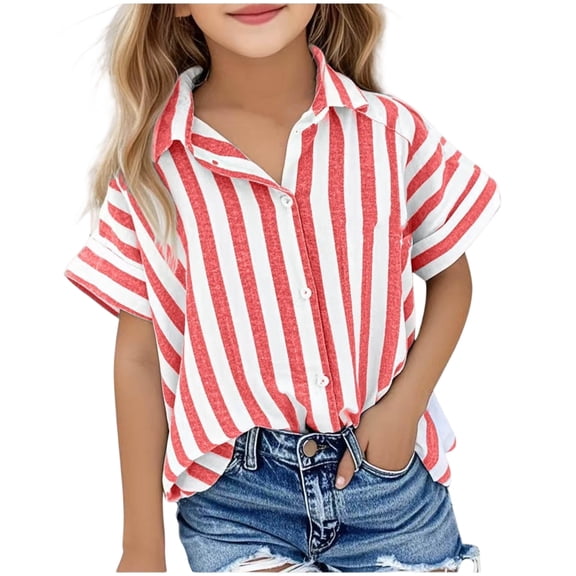 Abcomgle Button Down Shirts for Girls Roll Up Short Sleeve Collared Striped Linen Blouses Summer Cute Girls Spring Tops,Red,5-6Years