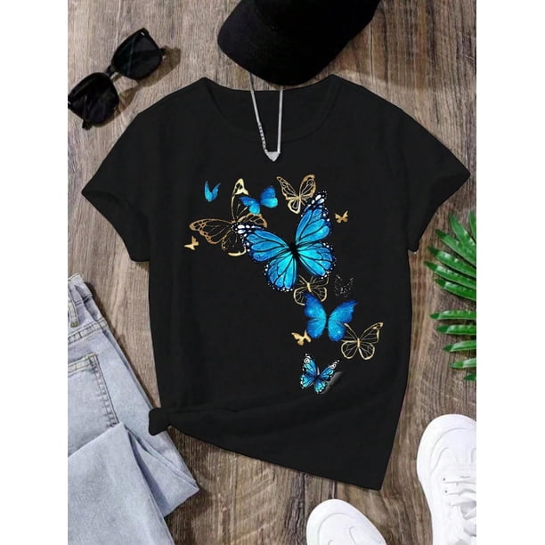 Tween Girl Butterfly Print Round Neck Short Sleeve T-Shirt, Machine Washable | School-Themed Casual Clothing | Vibrant Design | Stretchable Knit Fabric,Summer Tops