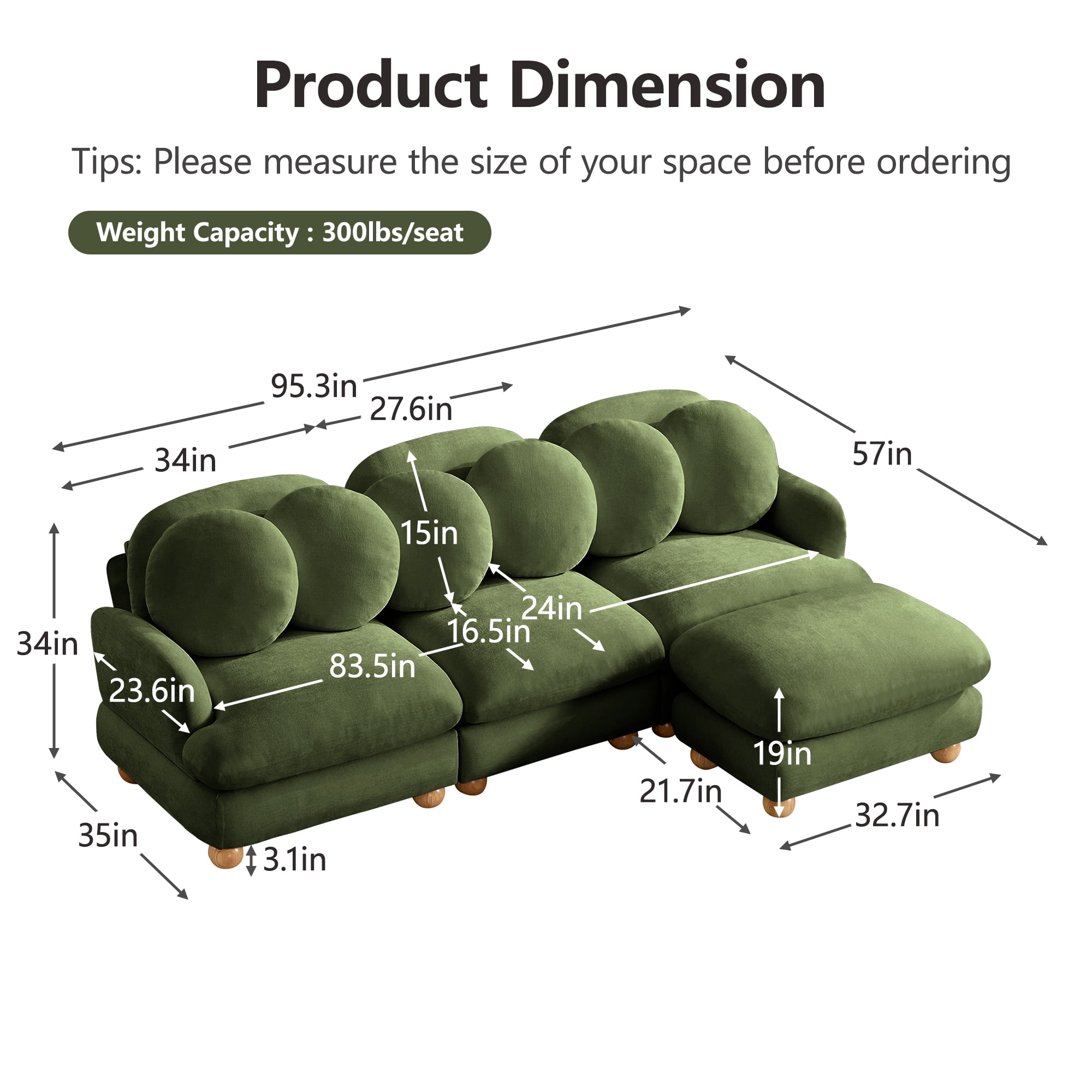 95" L-shaped 4 Seater Comfy Chenille Modular Sectional Sofa Couch with 6 Throw Pillows and Ottoman