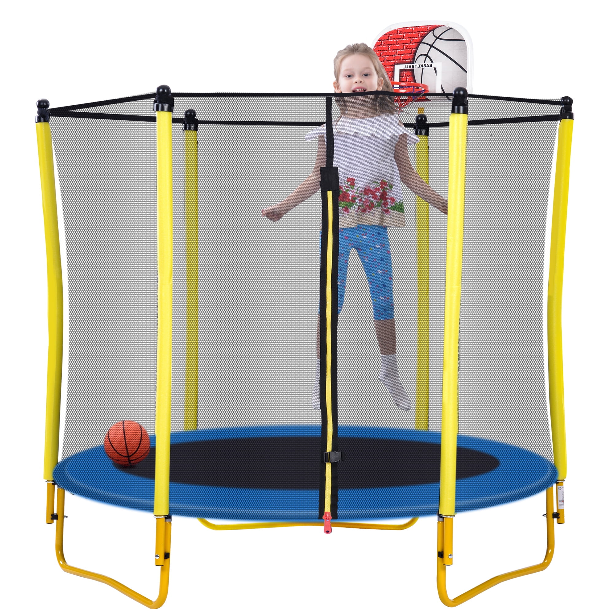 Yoneston 5.5FT Trampoline for Kids , 65" Outdoor & Indoor Mini Toddler Trampoline with Enclosure, Basketball Hoop,Ball and Sturdy 3 U-Shaped Legs, Yellow