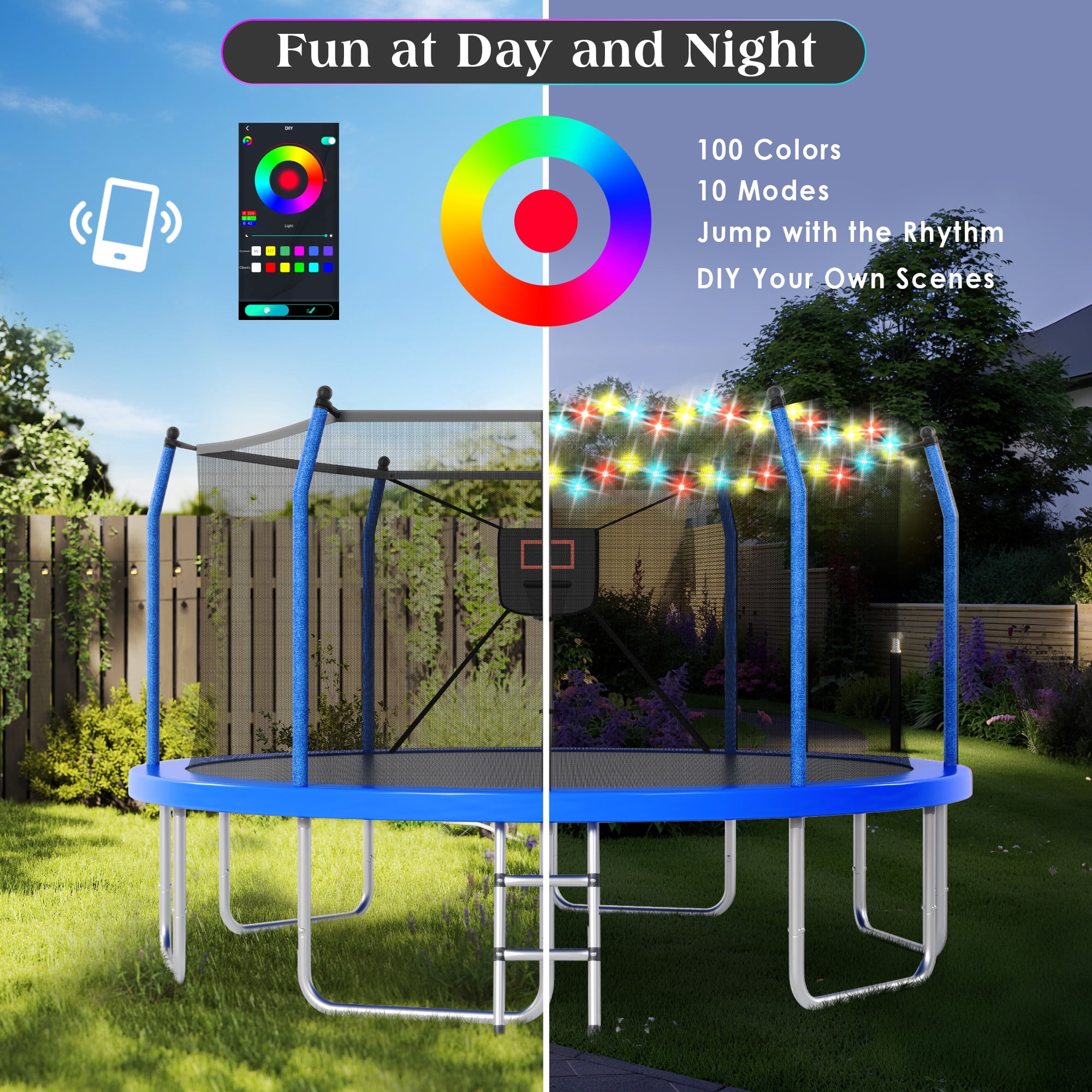 EUROCO 14FT Trampoline for Kids and Adults with Lights, Basketball Hoop, Enclosure Net & Ladder, Outdoor Round Trampoline, Easy to Assemble