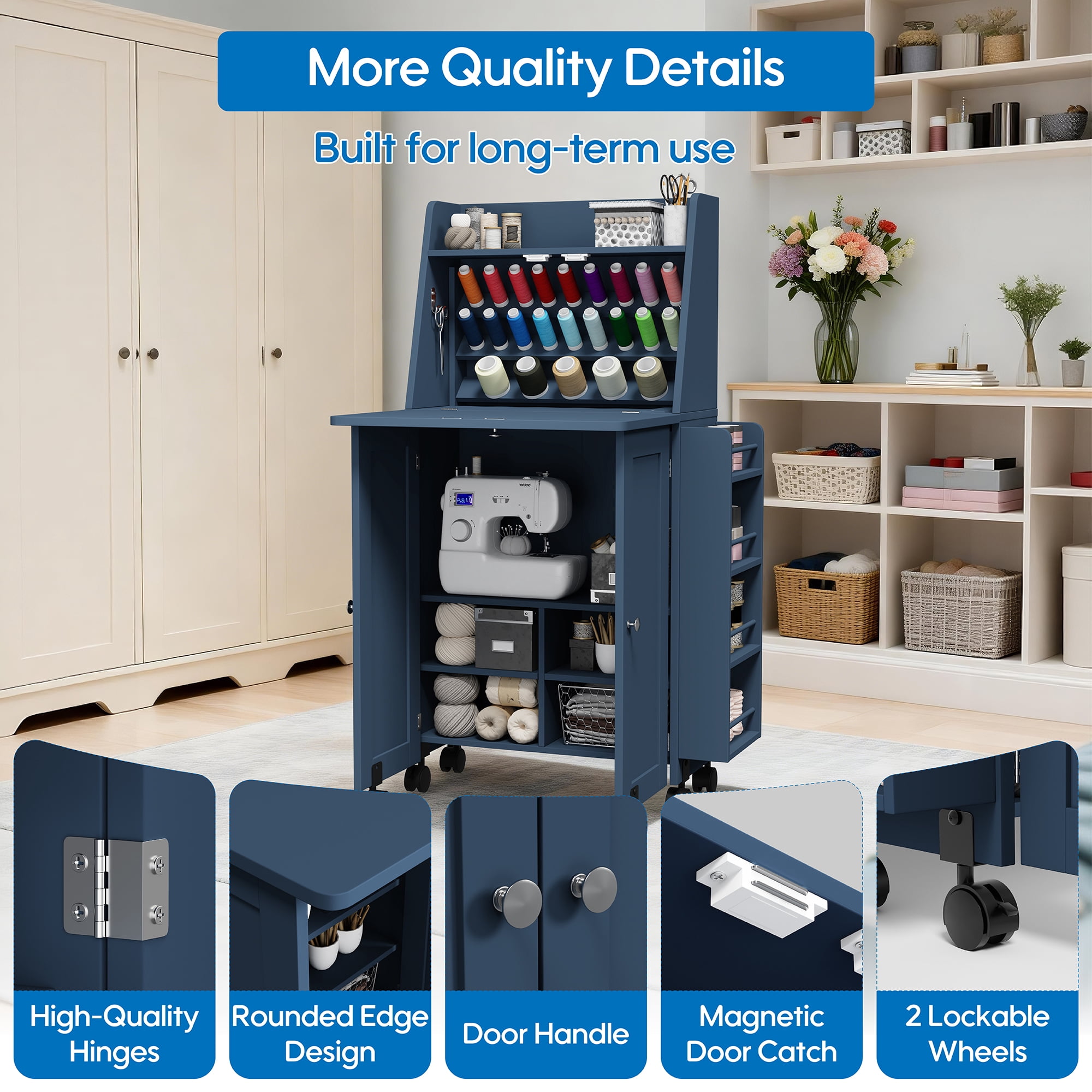 WARAYZ  Sewing Table & Storage Cabinet, Built-in Power Outlets, Spool Racks, Mobile Craft Desk with Lockable Wheels for Small Spaces, Blue