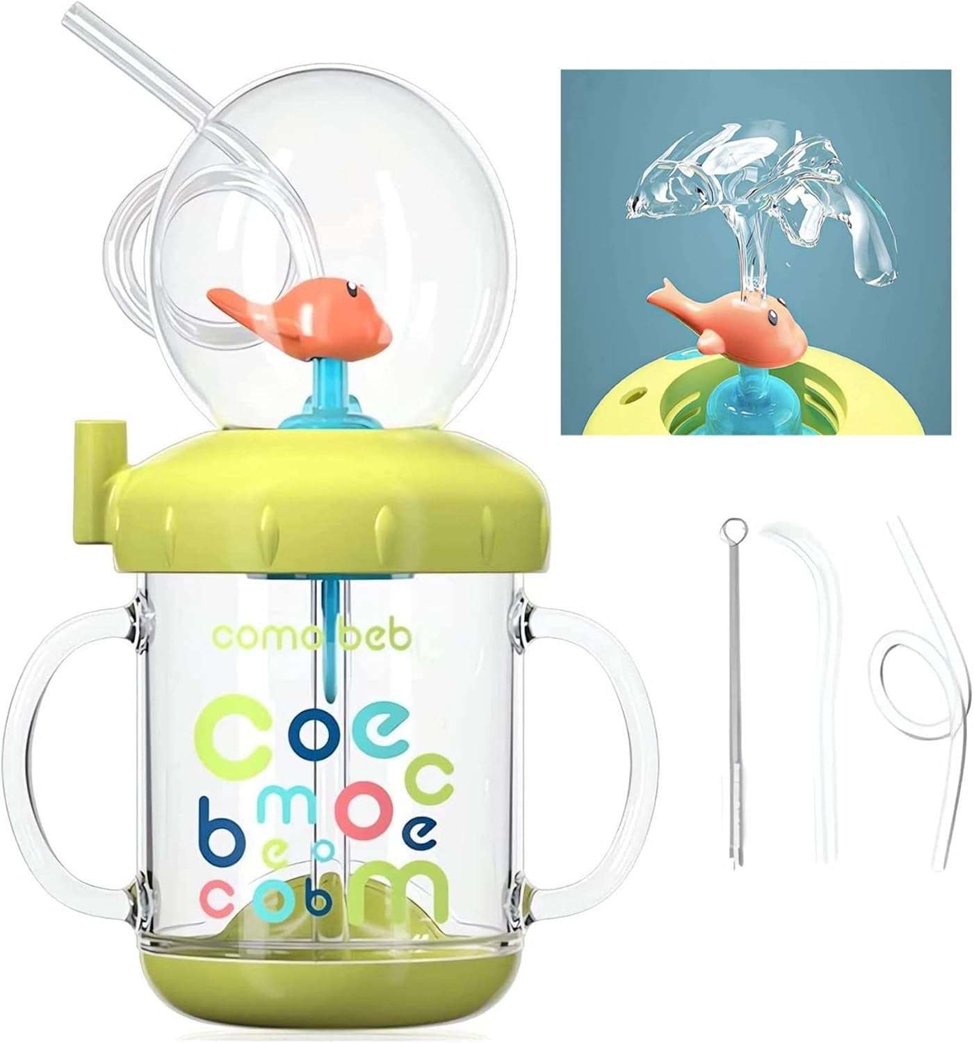 Whale Squirt Drinking Cup - Cute Water Bottle With Spray, Leak Proof Weighted Straw for Kids (350ml/Green)