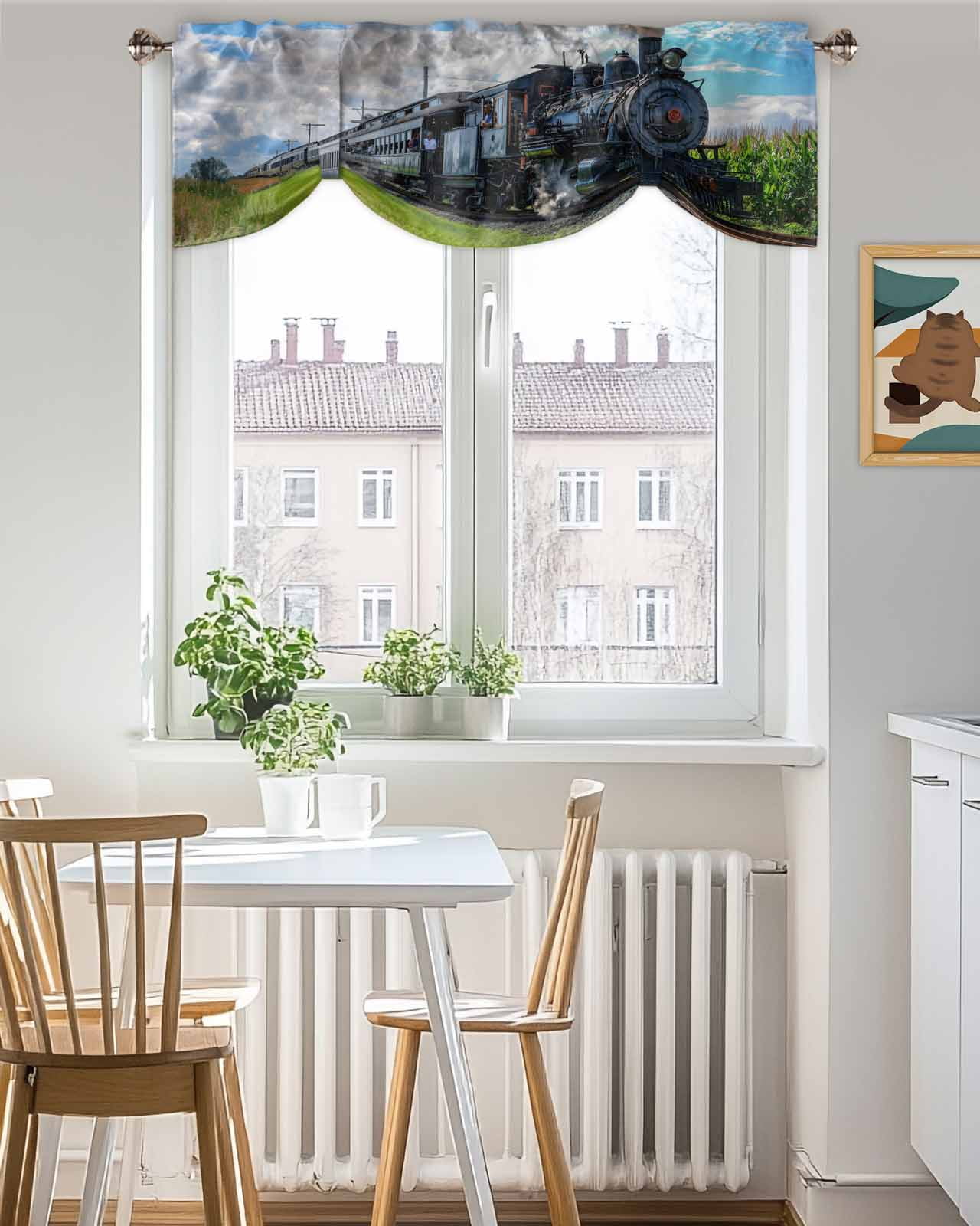 Steam Train Tie Up Valances Curtain, Adjustable Kitchen Railways Trees Landscape Modern Valances for Windows Decor, Rod Pocket Short Curtains Set for Bedroom/Bathroom, 54"x18"
