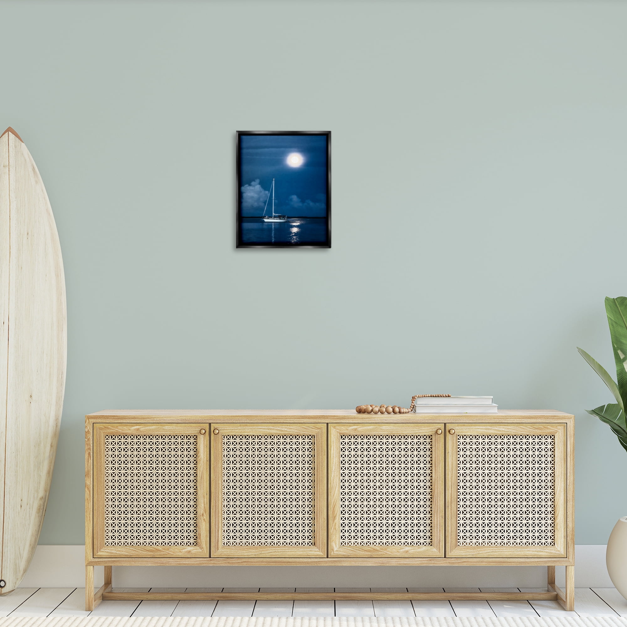 Stupell Industries Moonlit Nighttime Sailing Nautical & Beach Photography Black Floater Framed Canvas Art Print Wall Art, 17 x 21