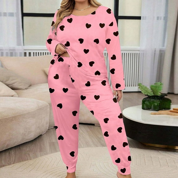 Aobny Lounge Women's Pajamas Plus Size Pink Sleepwear Sets Love Long Sleeve Taper Crew Neck Underwears for Adult Comfort