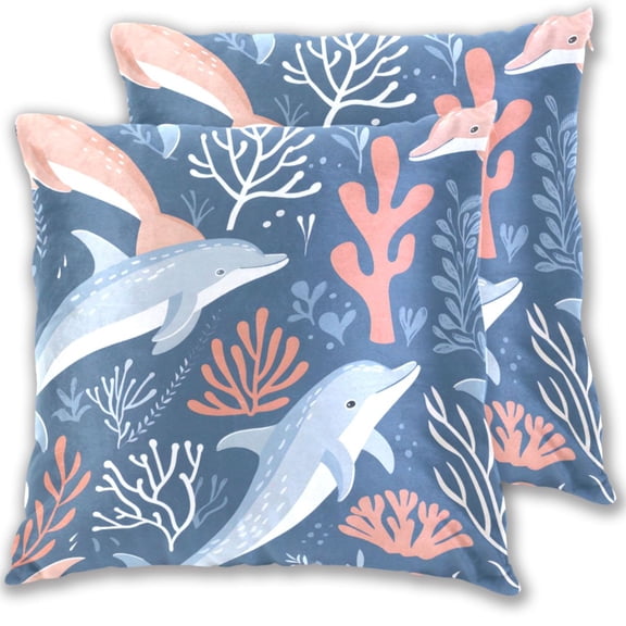 Dolphins and Corals Throw Pillow Covers Pillowcases 16 x 16 Inch Home Decor 2 Packs for Bedroom Sofa