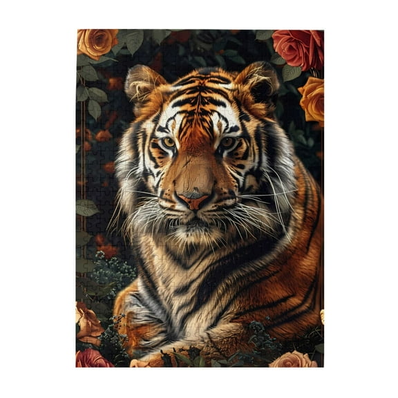 500-Piece Wooden Jigsaw Puzzle for Adults - Tiger Floral Wilderness Roses , Interlocking Pieces with Guide Letters, Holiday Gift & Home Decor