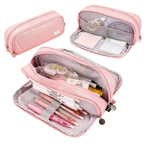 Large Capacity Pencil Case 3 Compartment Pouch Pen Bag Pink
