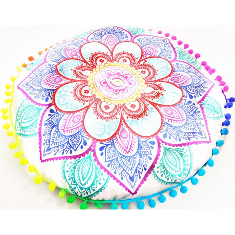 Round Bohemian Pillow Cover Bohemian Yoga Throw Pillow Cover Boho Round Pouf Cover Mandala Floor Cushion Cover with Textured Poms Decorative Pom Pillow for Couch Sofa Bed Decoration Supplies 18 Inch