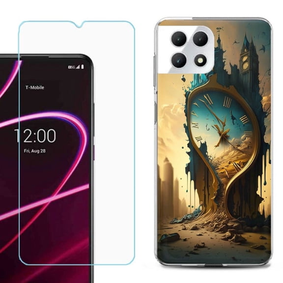 Phone Case for T-Mobile Revvl 7 5G, Shockproof Case Cover with Tempered Glass Screen Protector, by OneToughShield - Melting Clock