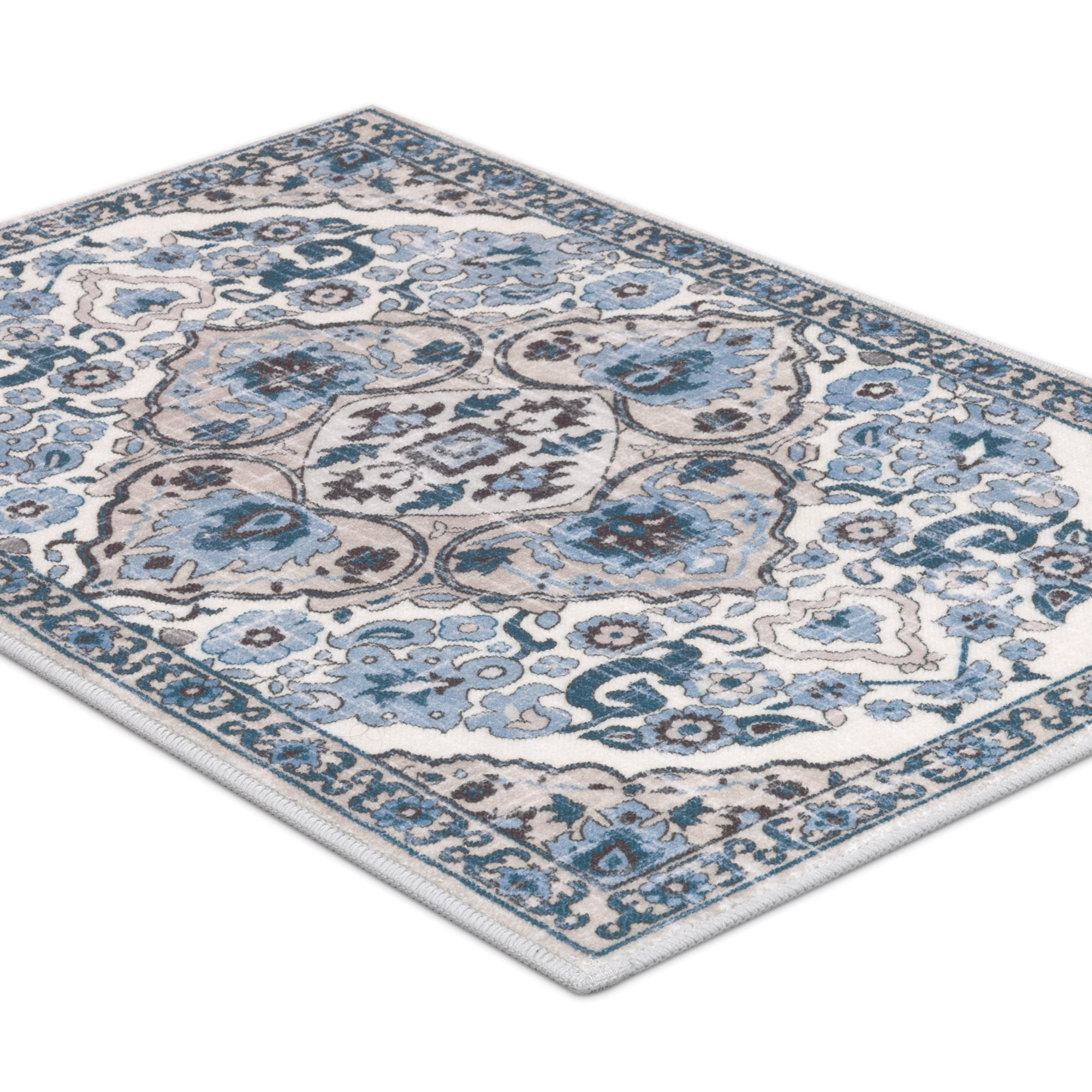 MeyJey Kitchen Rug Set 3 Piece, Non Slip Machine Washable Mats for Home Floor and Living Room, Blue/Beige