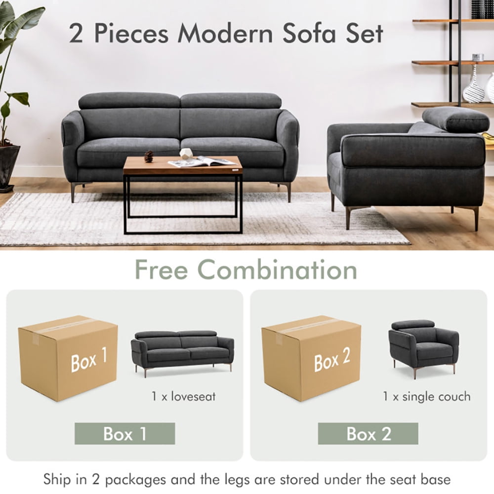 Finihen Sofa Set, Modern Sofa Couch, Modern Couched Sofa set with Adjustable Headrest, for Living Room, Bedroom, Gray
