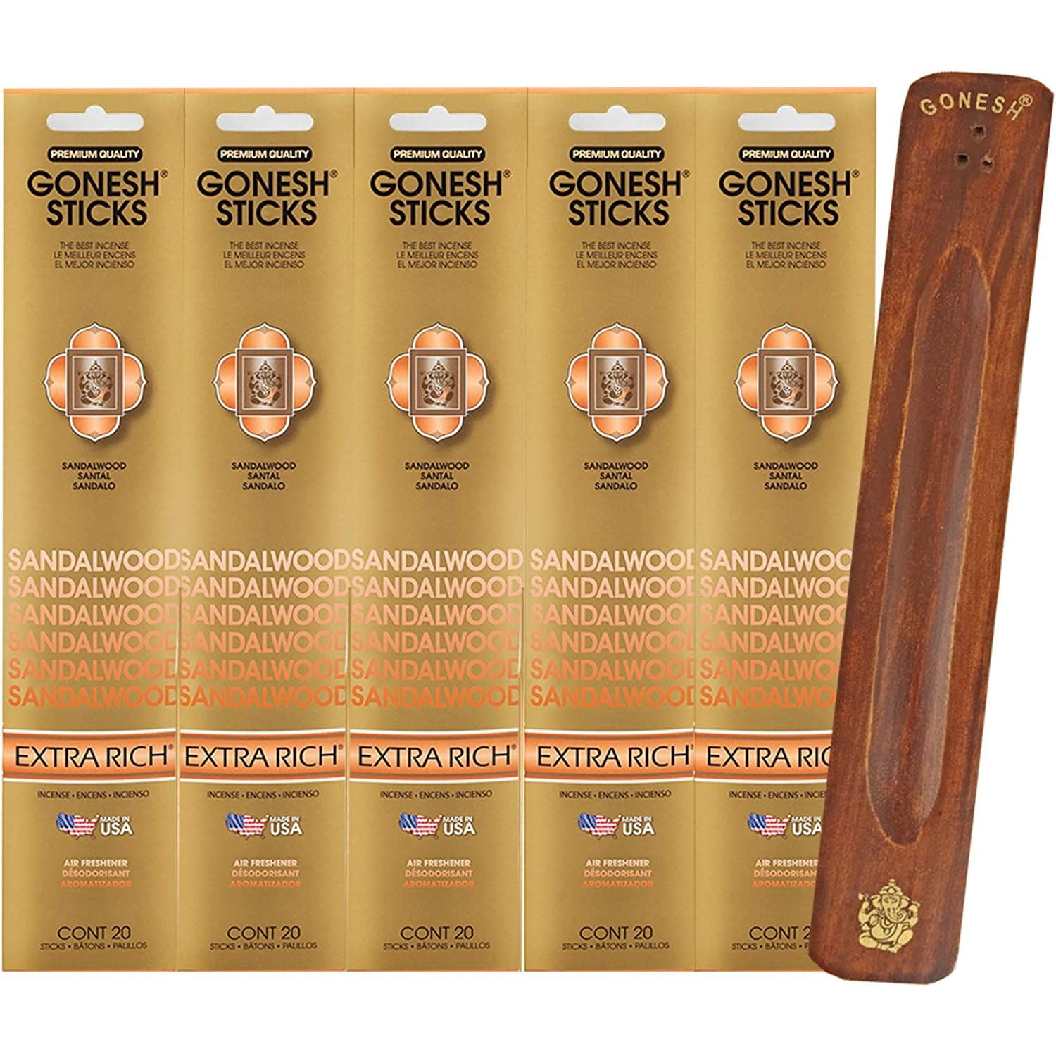 Gonesh Incense Sticks Extra Rich Collection - Sandalwood - 5 Packs (100 Total) with Incense Holder