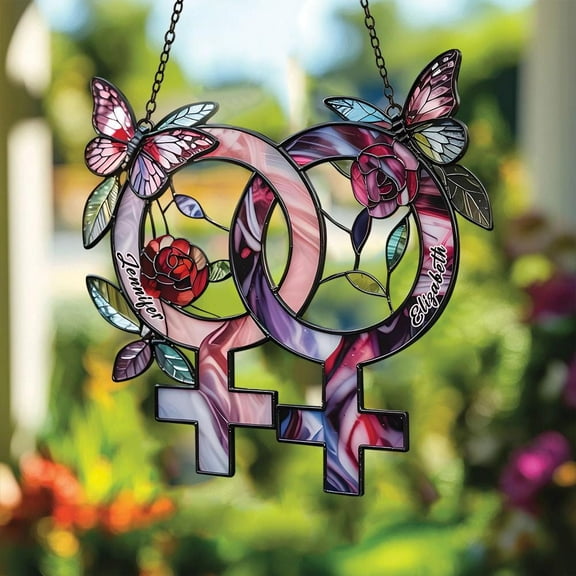 Lesbian Couple Butterfly Suncatcher fullxfull Double Female Symbol Window Decor with Roses, Pride Ornament for Wedding or Anniversary Gift