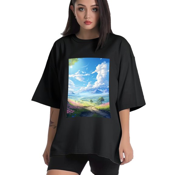 Plus Size Shirt for Women Black Tops for Women Short Sleeves Shirt for Women Landscape3 T Shirt Crewneck Shirt for Women XS