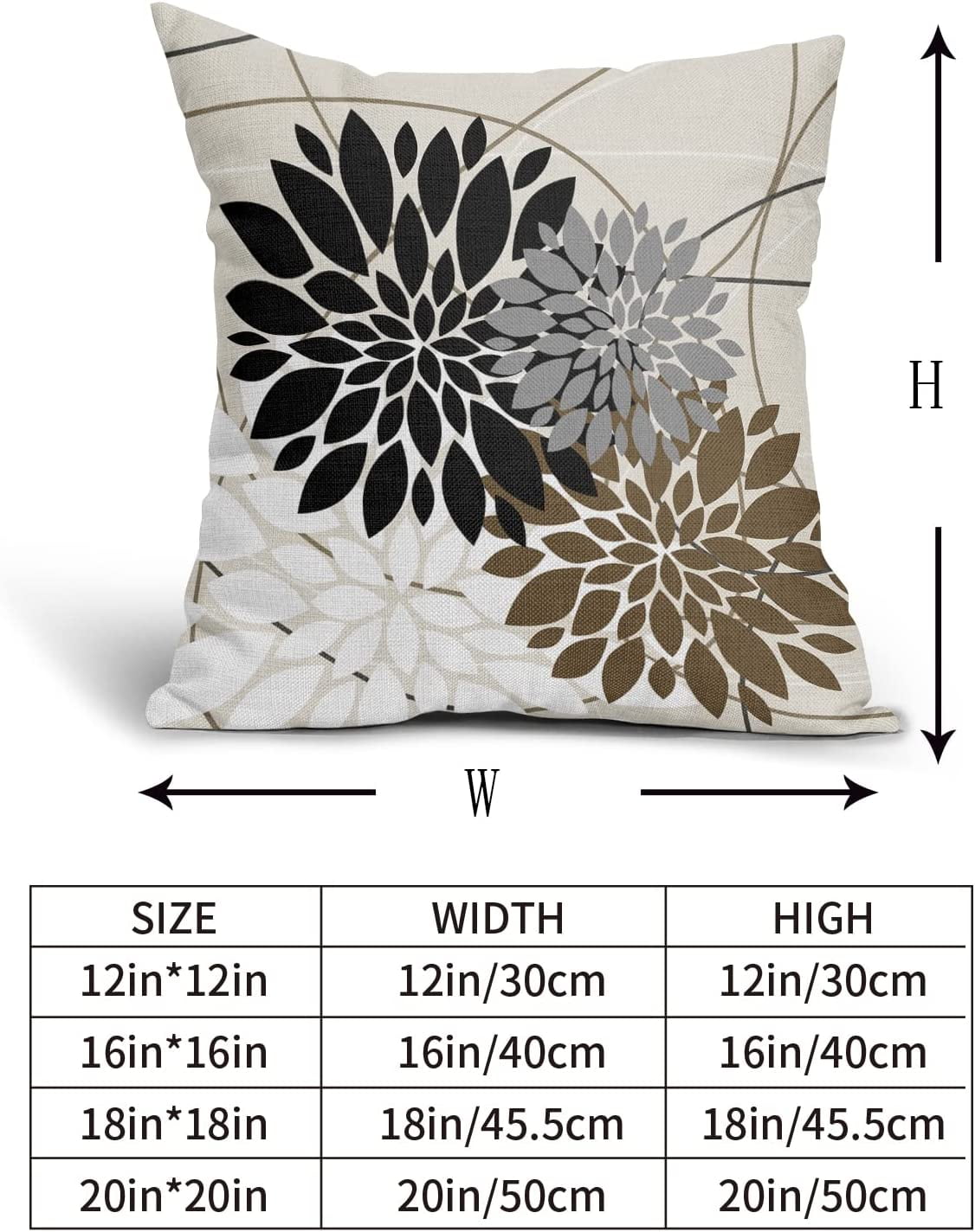 Black Brown Throw Pillow Covers 20x20 Inch Dahlia Flower Decorative Pillows Modern Geometry Floral Outdoor Farmhouse Pillowcase Linen Square Cushion Case Decor for Home Sofa Couch Bed, Set of 2