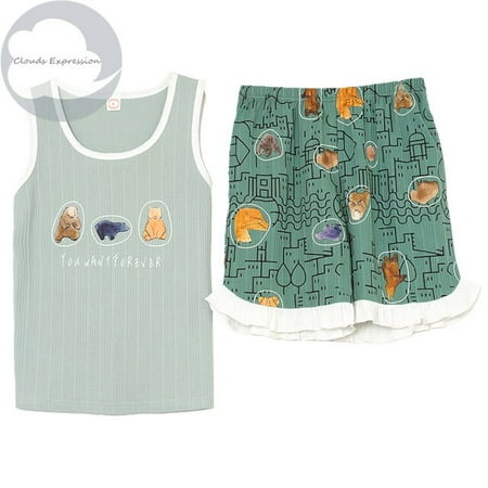 

QWZNDZGR Summer Knitted Cotton Cartoon Pajamas Sets Women Pyjamas Sleepwear Nightwear Pijama Mujer Plus Size 3XL Shorts Pl Pants Homewear