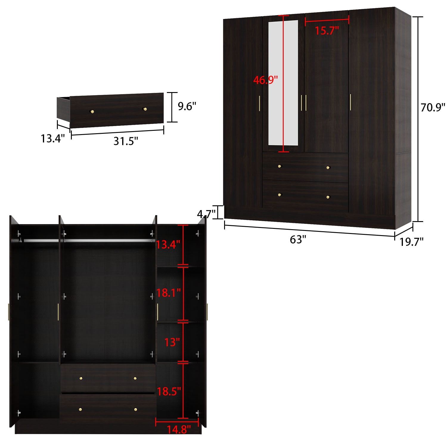 WIAWG Modern Mirrored Armoire Closet for Bedroom, 4 Door Wardrobe with Hanging Rods, Drawers and Shelves, Brown