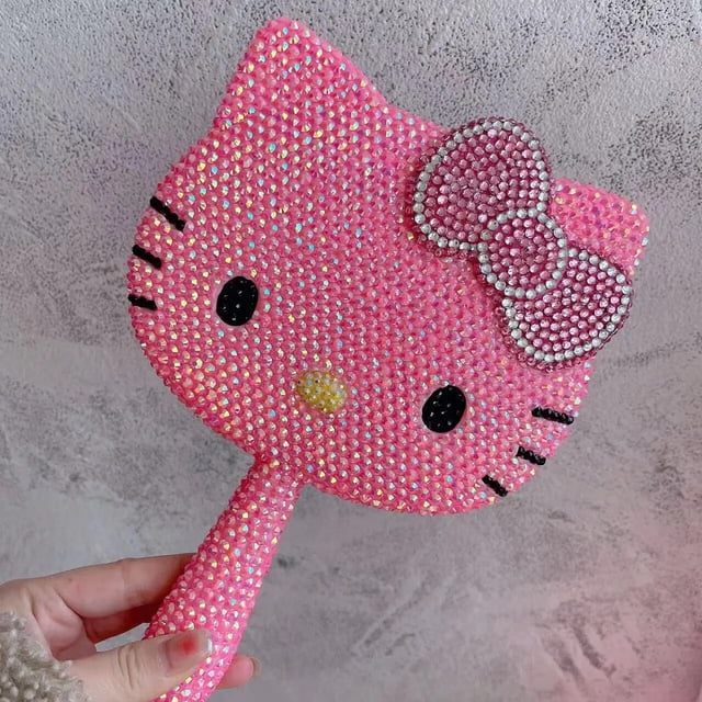Sanrio-Espejo de tocador de Hello Kitty para niñas, espejo de mano con diamantes de imitación brillantes de dibujos animados, regalo de belleza para niñas, Rosa
