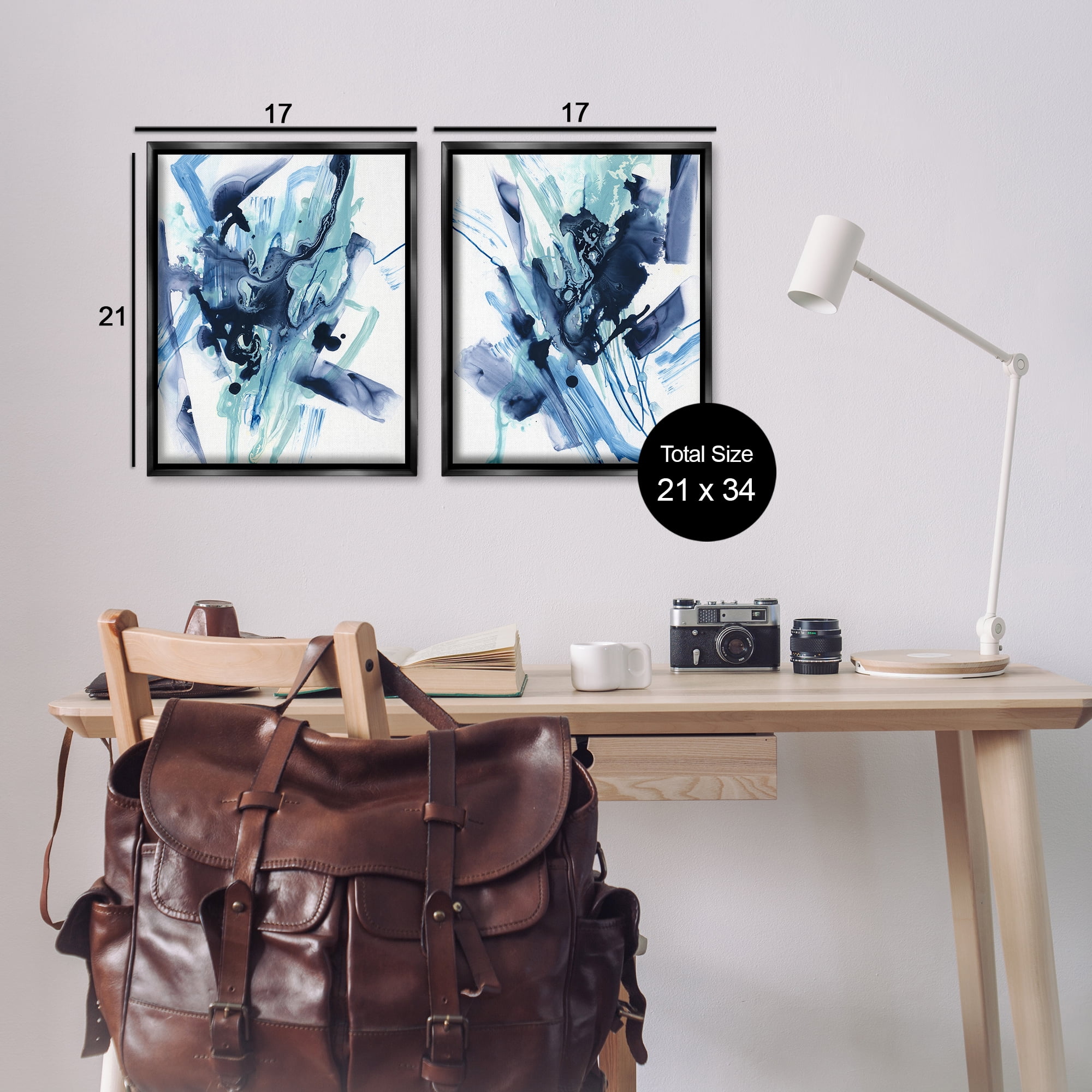 Stupell Industries Abstract Blue Splash Abstract Painting Black Floater Framed Canvas Art Print Wall Art, 17 x 21, Set of 2