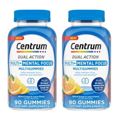 Centrum MultiGummies Multi  Dual Action Mental Focus Adult Multivitamin with Caffeine from Green Tea, Supports Mental Focus, Attention and Alertness, Lemon/Orange Flavors - 90 Count (2pack)