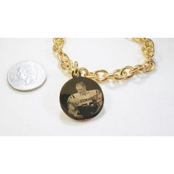 Photo Picture Tag Custom Engraved 1" Round Dog Tag Gold IPG Stainless Steel With Oval Link Chain Bracelet or Necklace