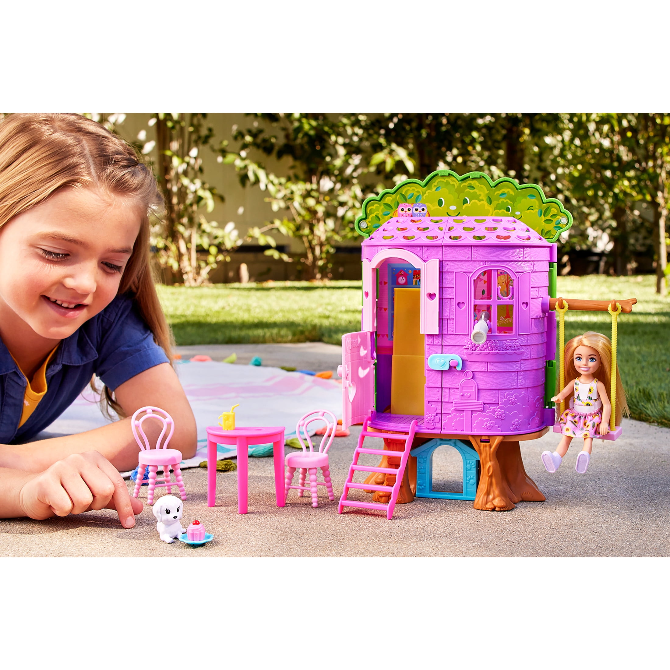 Chelsea Barbie Doll and Treehouse Playset with Pet Puppy Furniture Slide and Accessories Walmart
