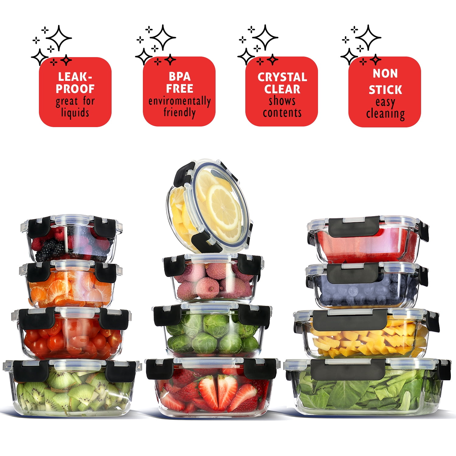 LammaLoe Glass Food Storage Containers with Lids, 24 Piece Airtight Glass Meal Prep Containers, Oven, Microwave & Freezer Safe Glass Storage Containers