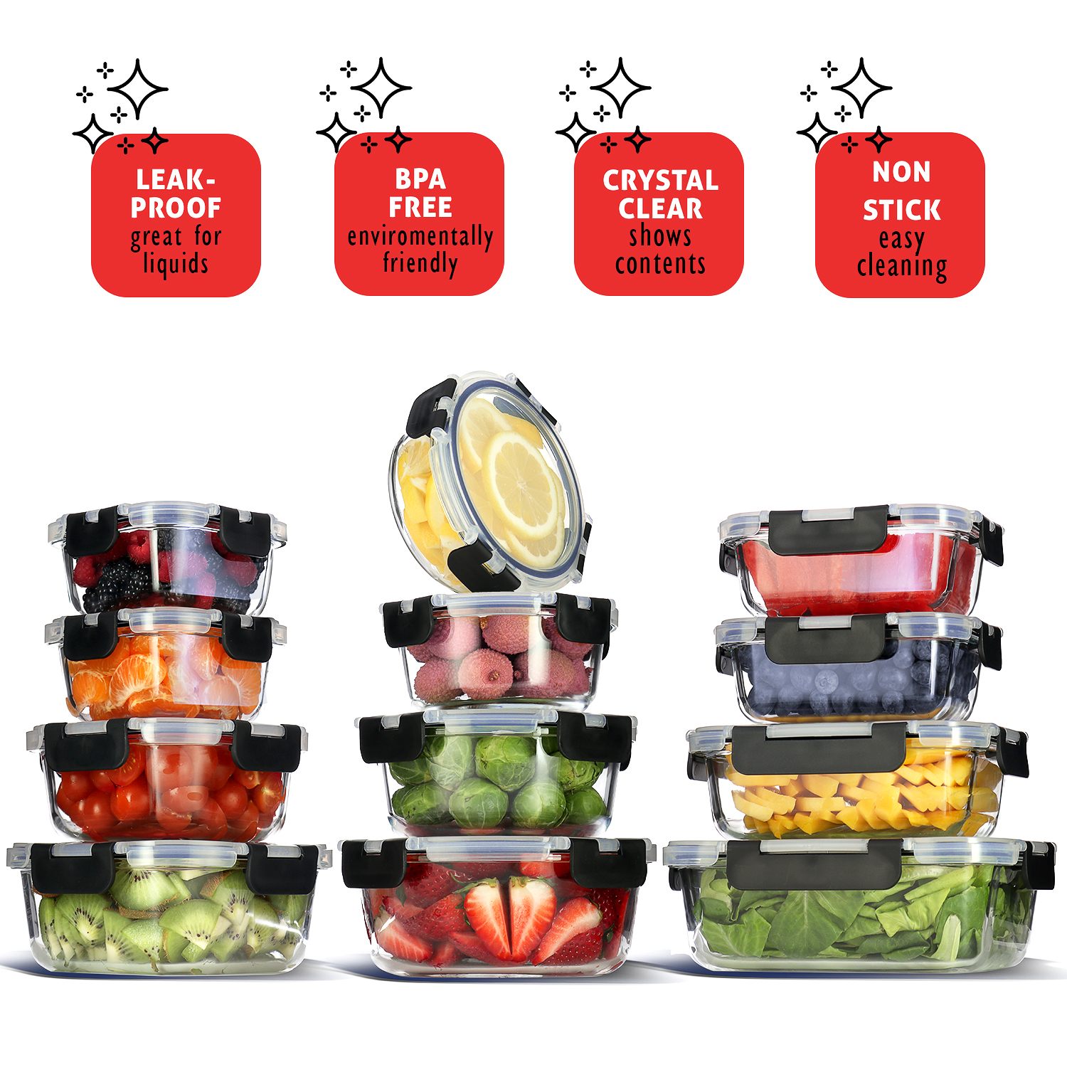 LammaLoe 24-Piece Glass Food Storage Containers Set, Black photo 7