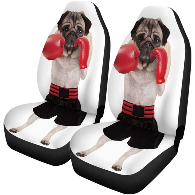 RYLABLUE Set of 2 Car Seat Covers Cool Standing Pug Dog Boxer Punching Red Leather Boxing Gloves Shorts Isolated White Universal Auto Front Seats Protector Fits for Car,SUV Sedan,Truck