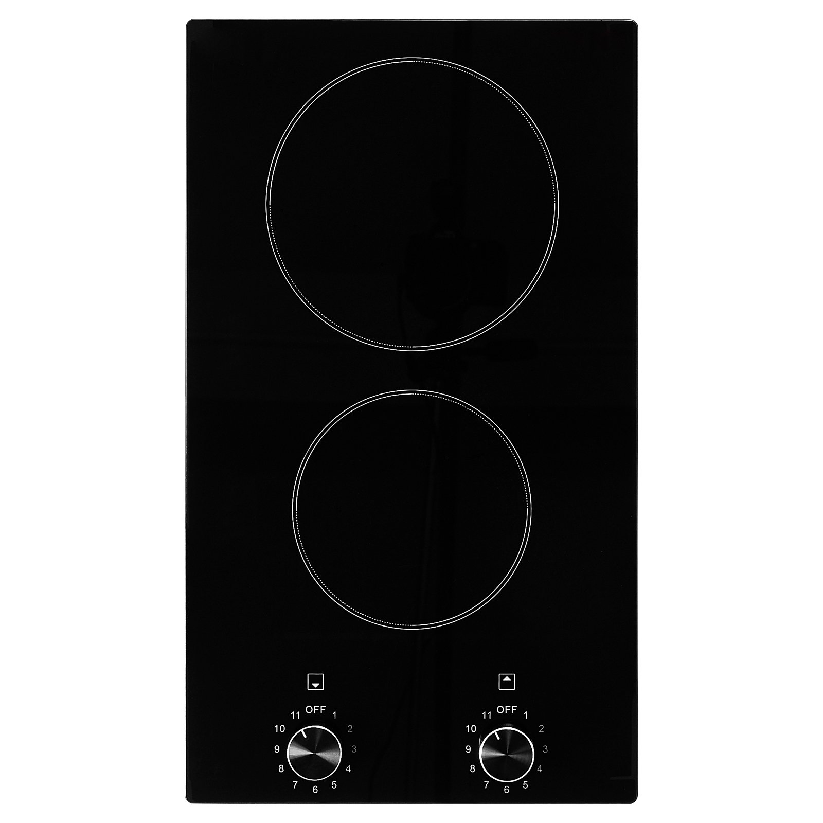 Electric Cooktop, 12 inch 2 Burners Built-in Electric Stove Top, 3000W Ceramic Top Radiant Cooktop, with Glass Panel, Knob Control, 11 Heat Levels, 220-240V, Hard Wire (No Plug)
