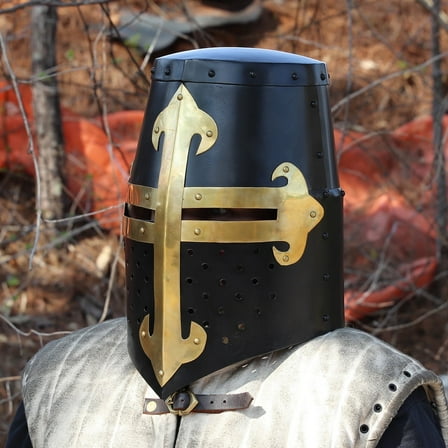 Armory Replicas Templar Crusader Helmet – Medieval Knight Armor with Brass Cross | 20 Gauge Steel Black Finish