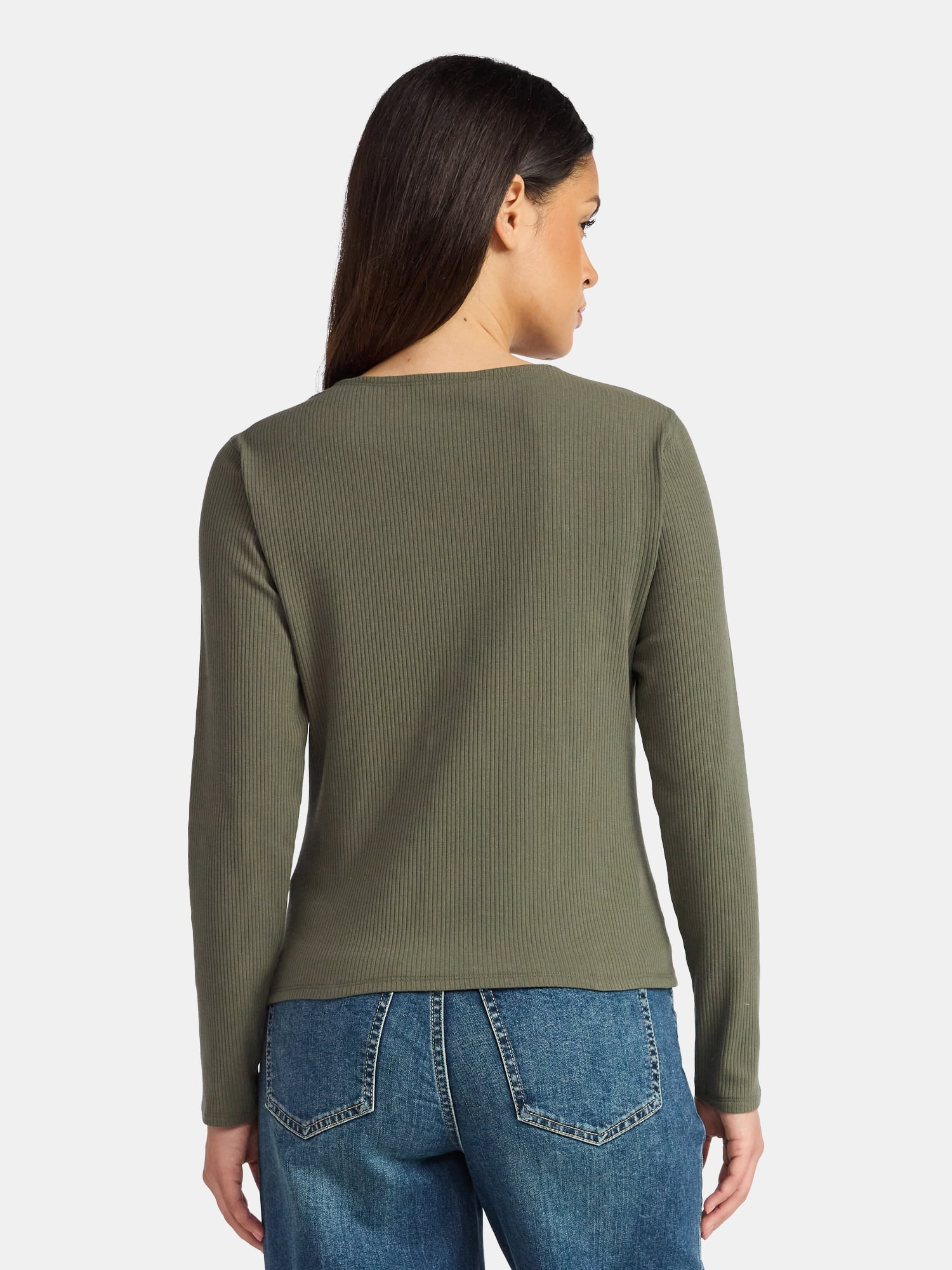 Time and Tru Women's Ribbed Knit Button Front Top with Long Sleeves, Sizes XS-XXXL