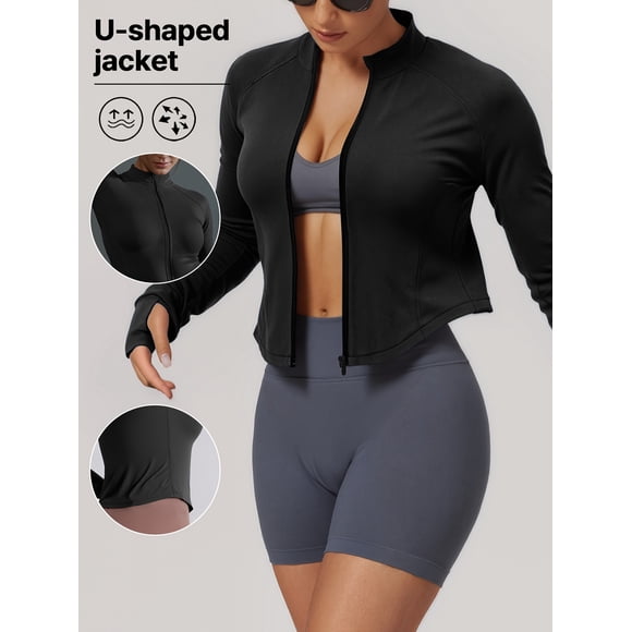 PISONIC Women's Fitness Top, Sports Jacket with a U-Shaped Hem, Featuring Thumb Holes, Fitted Outerwear Suitable for Gym Workouts, Yoga, Running, And Outdoor Activities