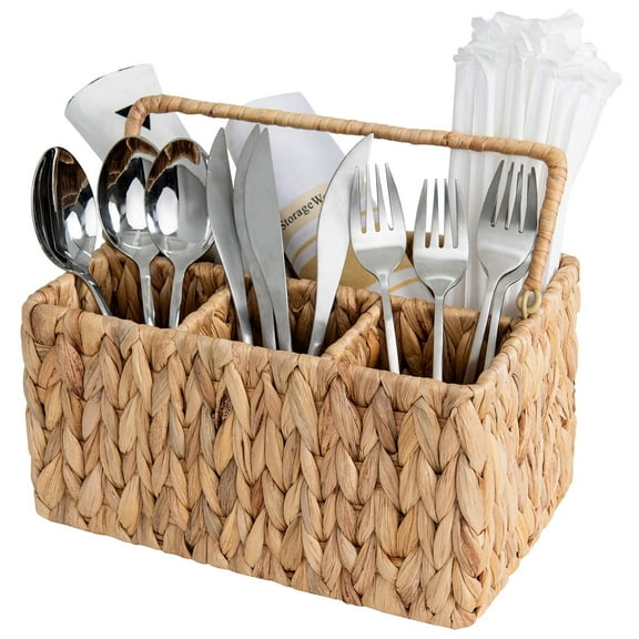 StorageWorks Hand-Woven Wicker Cutlery Holder with Handle, Flatware Basket Organizer, Water Hyacinth