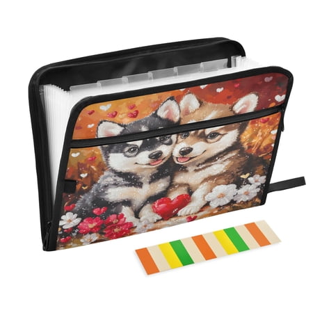 DIXRUYEE Organ Folders Expanding Folder with Color Label 13 Pocket Puppies with Flowers and Hearts Printed
