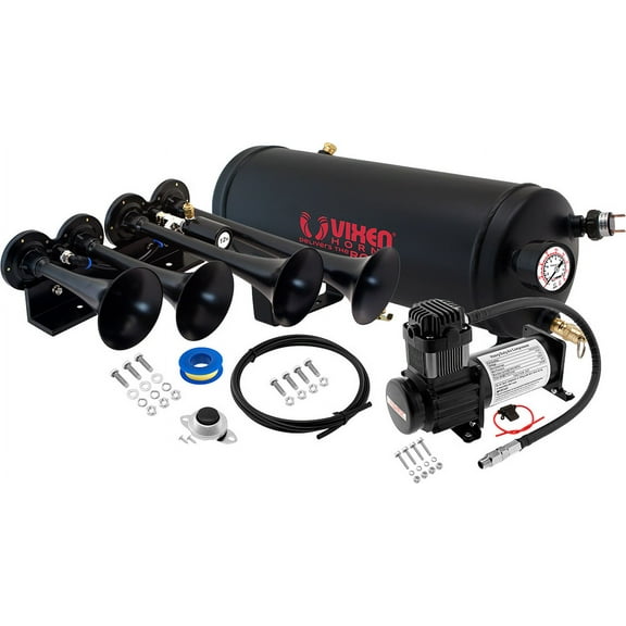 Vixen Horns Train Horn Kit for Trucks/Car/Semi. Complete Onboard System- 150psi Air Compressor, 1.5 Gallon Tank, 4 Trumpets. Super Loud dB. Fits Vehicles like Pickup/Jeep/RV/SUV 12v VXO8115B/4124B