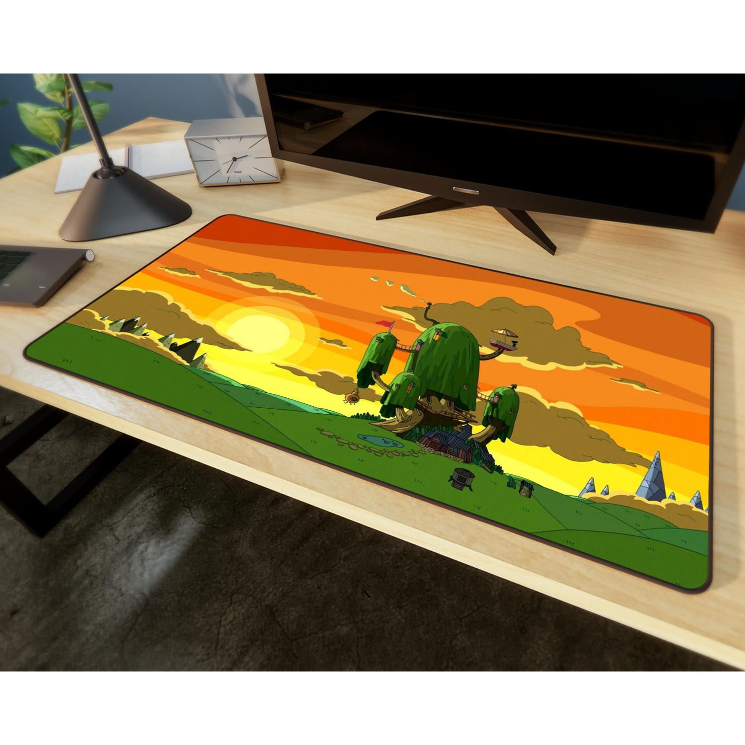 Cartoon Fantasy Treehouse Gaming Mouse Pad, Extended Desk Mat, Vibrant Sunset Design