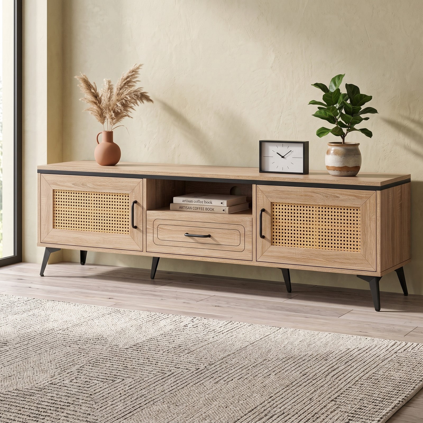Furnibear Mid Century Modern Entertainment Center TV Stand for 65 Inch TV with 2 Cabinets, Storage Drawer and Cable Management, Faux Rattan Media Console with, Oak