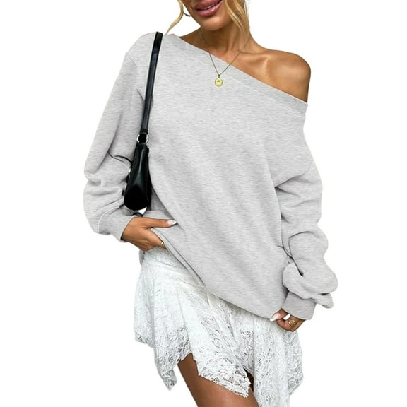 Women'S Off Shoulder Sweatshirt Drop Shoulder Oversized Long Sleeve Pullover Top Light Gray XXL