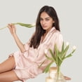 thumbnail image 3 of Women's Satin Pajama Set with Lace Trim Short Sleeve Button Top and Elastic Waist Shorts - Large, Pink, 3 of 7