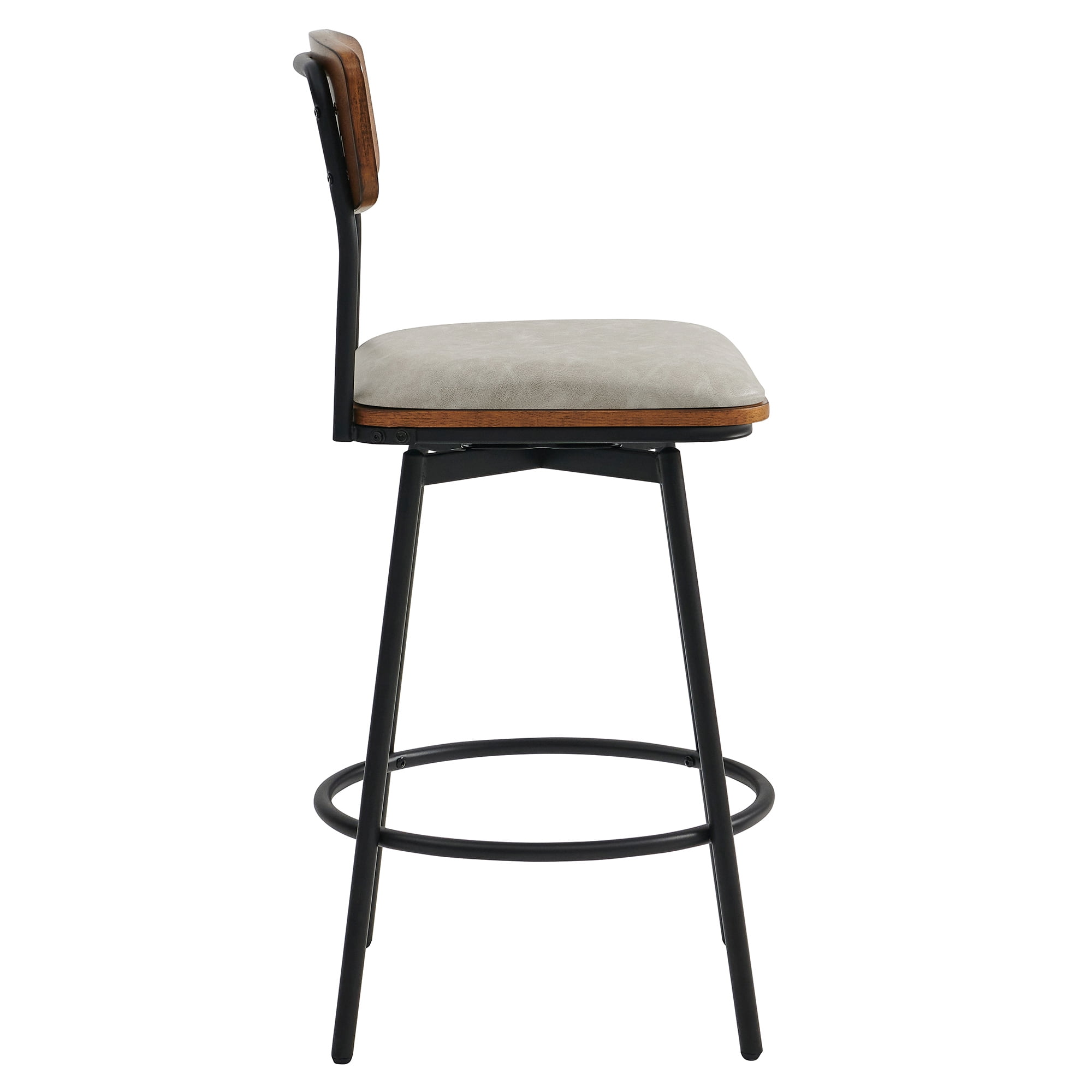 Spruce & Spring Counter Height Swivel Bar Stool with Wood Back and Metal Base Set of 3, Sand Grey, Faux Leather