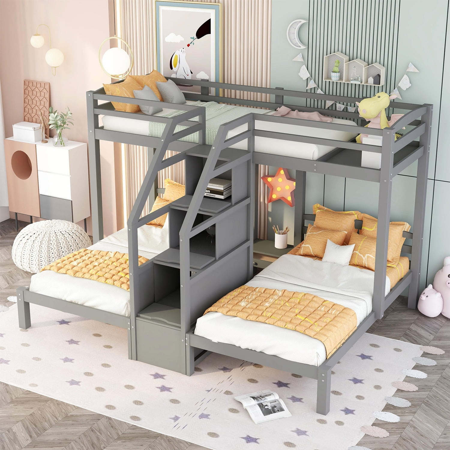 Triple Bunk Bed, Twin Over Twin & Twin Bunk Bed with Storage Staircase ...