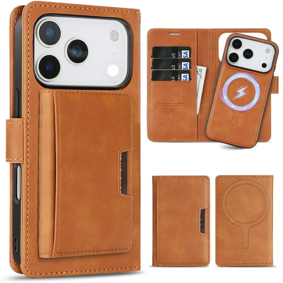 for iPhone 17 Pro Wallet Case with Detachable Magnetic Back Cover and Card Holder Pouch, PU Leather Folio with Kickstand, 3-in-1 Rugged Full Body Protection for Business Men Women, Brown