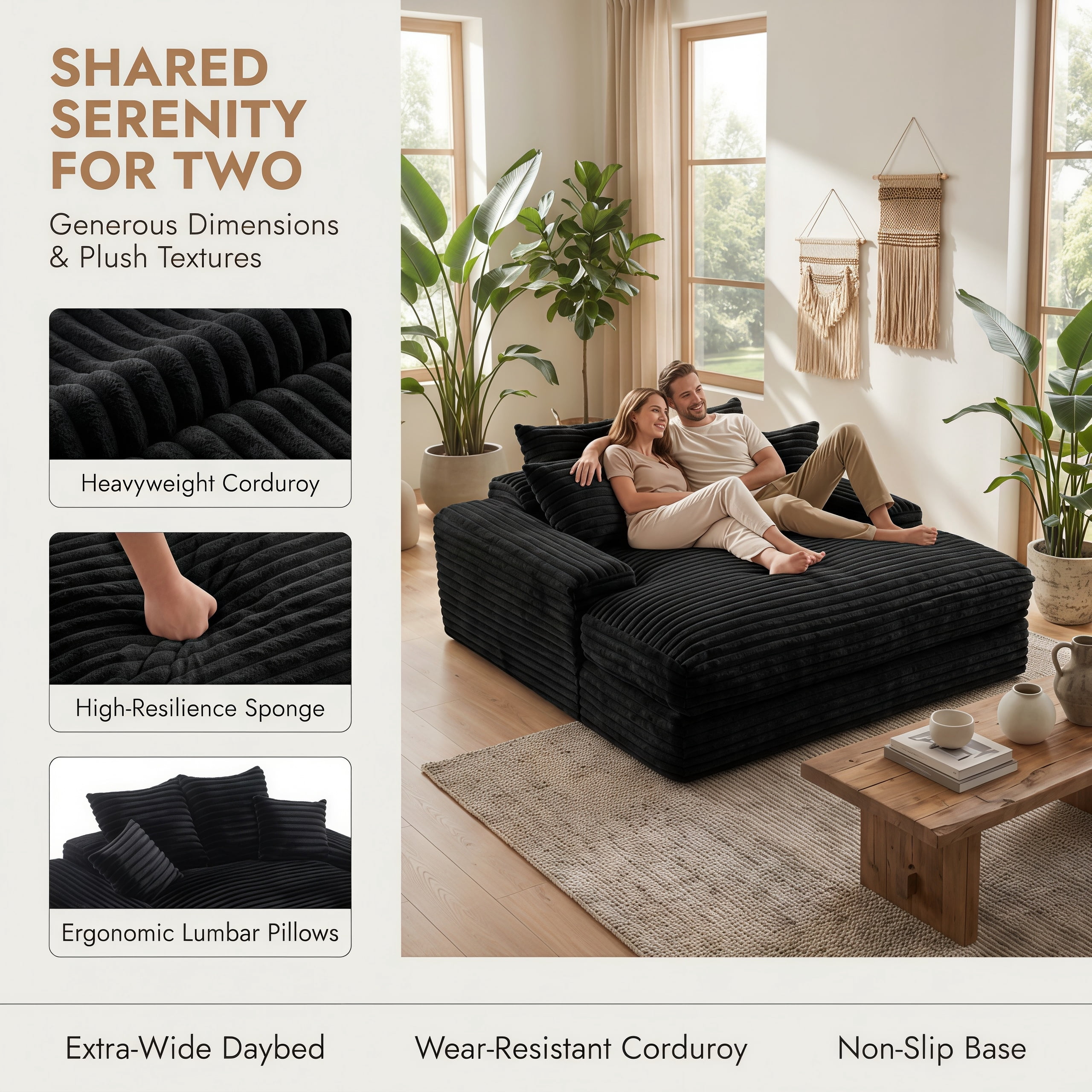 Modern Corduroy Oversized Chaise Lounge Chair, 66"Double Daybed Sofa Sleeper with 4 Pillows, No Assembly Cloud Couch for Living Room, Black