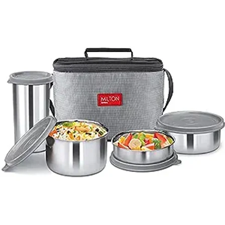 MILTON Delicious Combo Stainless Steel Insulated Tiffin, (1 Tumbler and 3 Container) Set of 4, Grey