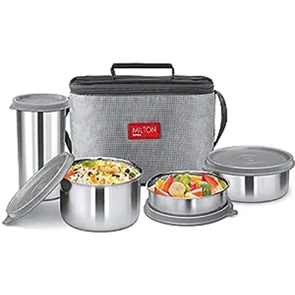 MILTON Delicious Combo Stainless Steel Insulated Tiffin, (1 Tumbler and 3 Container) Set of 4, Grey