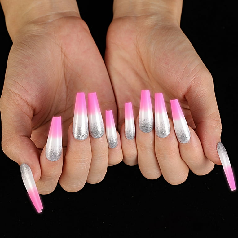 Extra Long Press on Nails,Glossy Ballets Coffin Gradient White